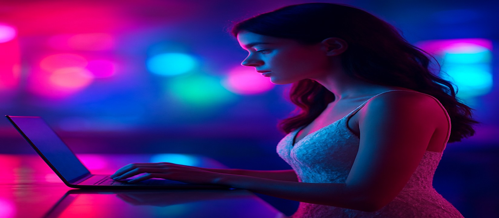 নিয়ন আলোয় বসে ল্যাপটপে এভিয়েটর গেম খেলতে ব্যস্ত একজন নারী