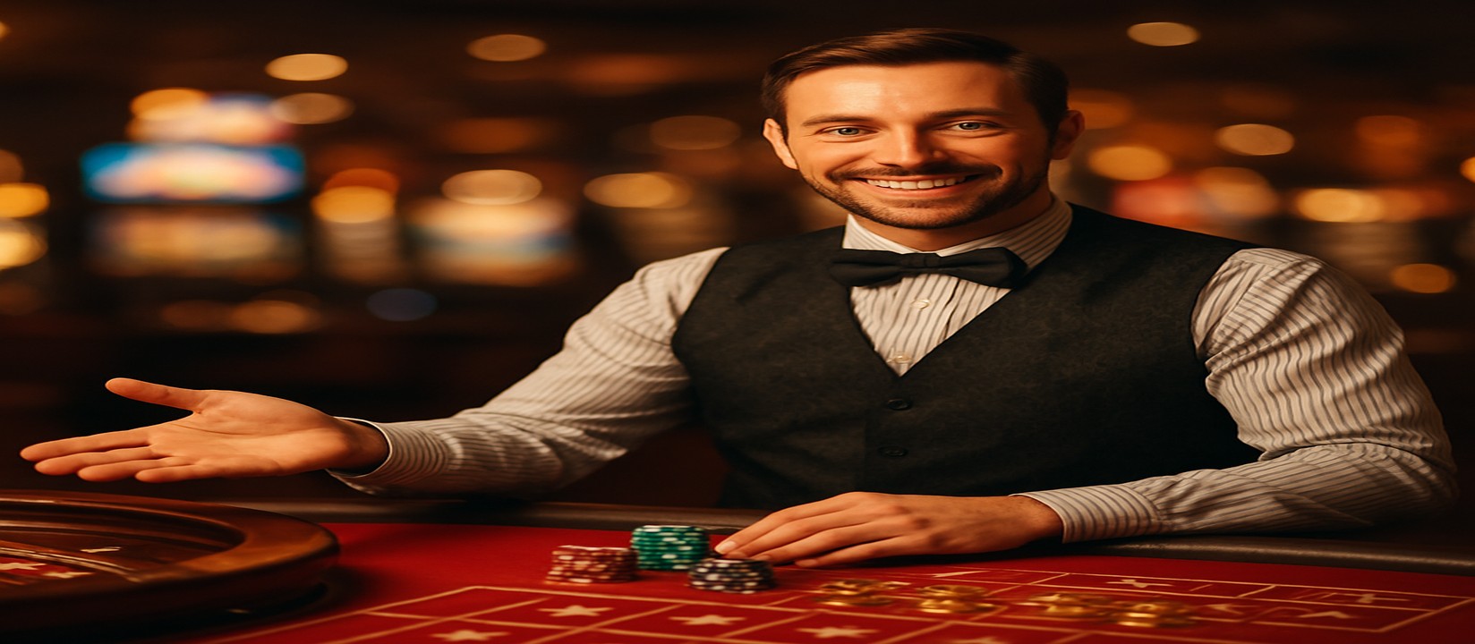 লাইভ গেমিং টেবিলের পাশে tk3666-র বন্ধুসুলভ হোস্টসহ প্ল্যাটফর্ম-দৃশ্য