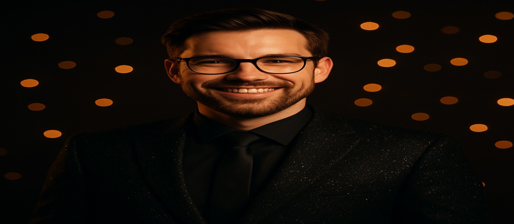 একজন আত্মবিশ্বাসী ব্যক্তি, কালো স্যুট পরা, চারপাশে উজ্জ্বল সোনালি আলো ছড়িয়ে রয়েছে tk3666