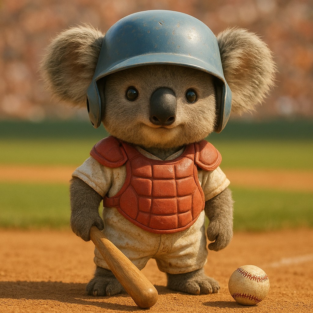 স্টেডিয়ামে ইউনিফর্ম পরা একটি চরিত্র, হাতে ক্রিকেট ব্যাট ধরে দাঁড়িয়ে আছে