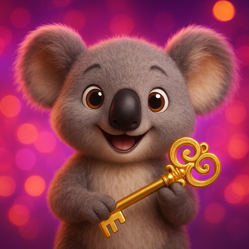 উজ্জ্বল গেমিং প্রেক্ষাপটে সোনালি চাবি হাতে আনন্দিত চরিত্র