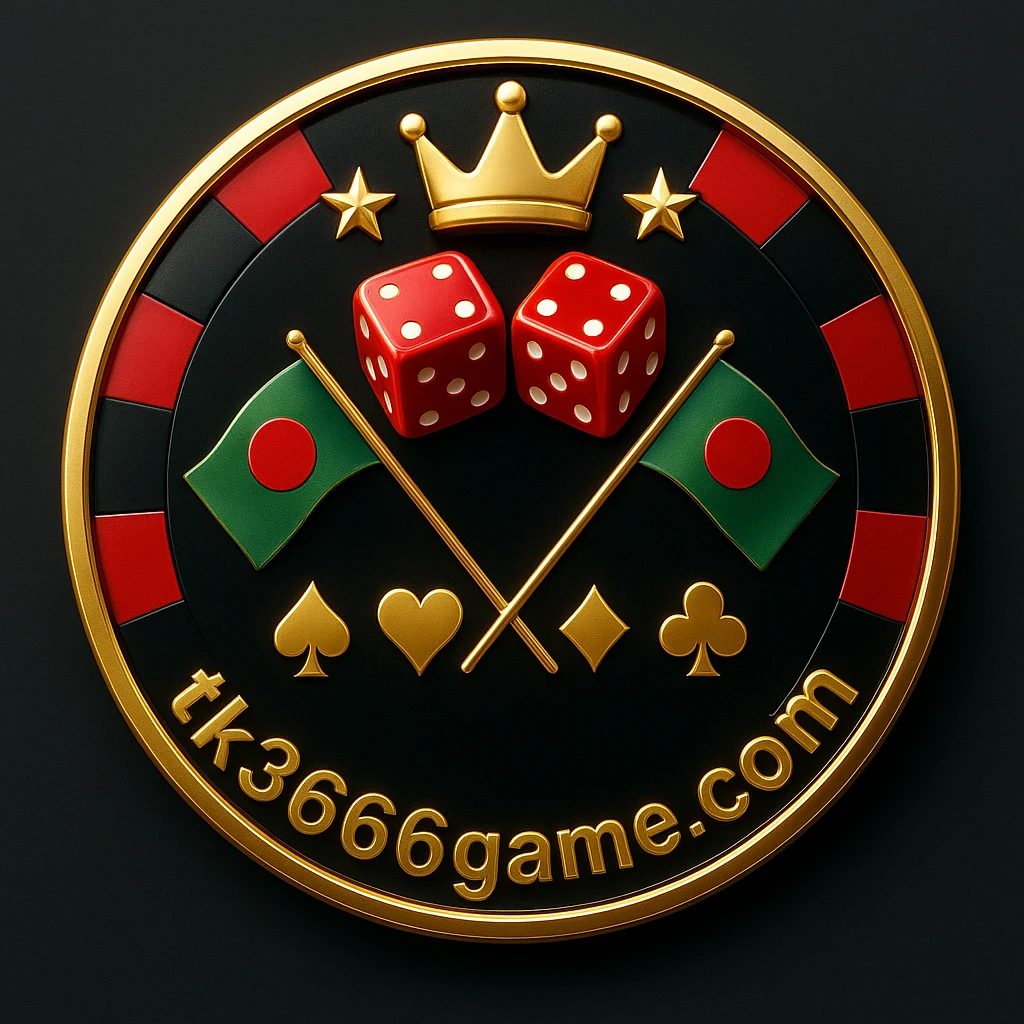tk3666 লোগোসহ সোনালি গেমিং প্ল্যাটফর্মের আইকনসমূহ: চিপ, মুকুট, পাশা, তারা, বাংলাদেশের পতাকা ও কার্ডের চিহ্ন