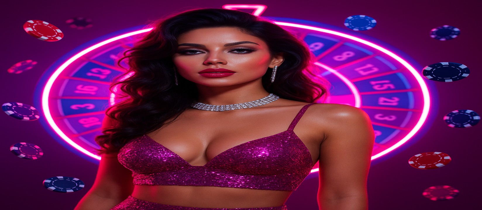 ঝলমলে বেগুনি পোশাকে এক নারী, পেছনে জ্বলন্ত রুলেট চাকা ও উড়ন্ত tk3666 গেমিং প্ল্যাটফর্ম চিপ