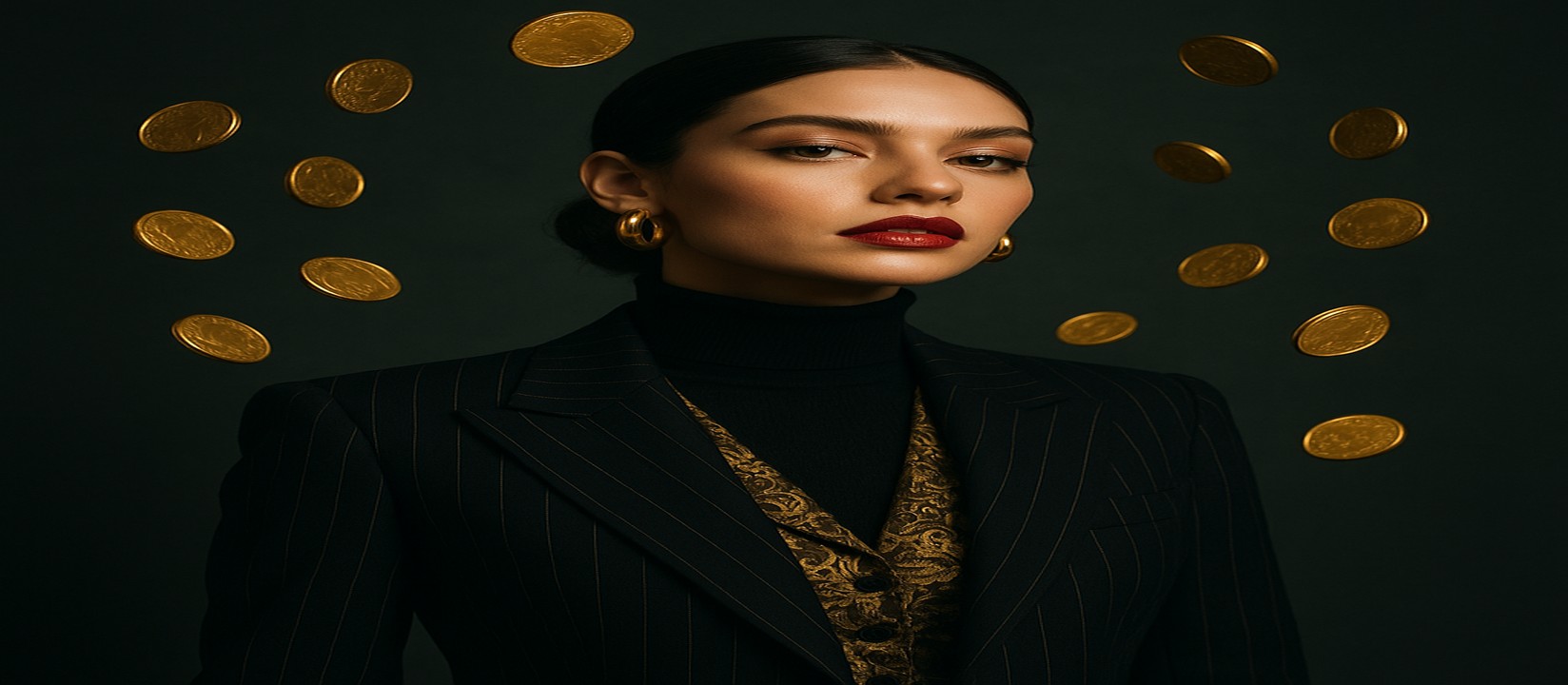 কালো ডোরাকাটা পোশাকে এক নারী, সোনালি আভা ছড়িয়ে, চারপাশে ভাসমান সোনার কয়েন