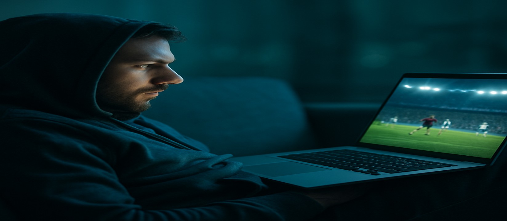 সোফায় আরাম করে বসে ল্যাপটপে গেম খেলার মুডে থাকা একজন ব্যবহারকারী